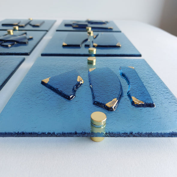 Set of 6 Artistic Blue Fused Glass Wall Art Panels With Gold. Gold Detailed Glass Wall Panels. Original Wall Art. Elements 21