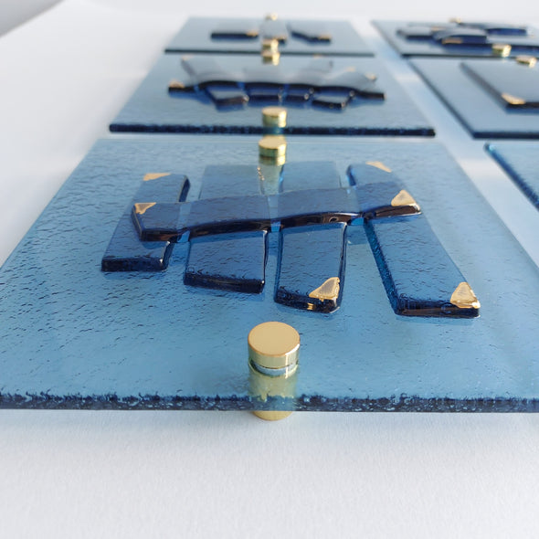 Set of 6 Artistic Blue Fused Glass Wall Art Panels With Gold. Gold Detailed Glass Wall Panels. Original Wall Art. Elements 21