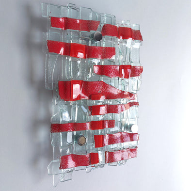 Fused Clear Glass Wall Art Panel With Red. Detailed Glass Wall Panel. Modern Glass Wall Art. Original Glass Art. Artistic Glass Art. Box 17