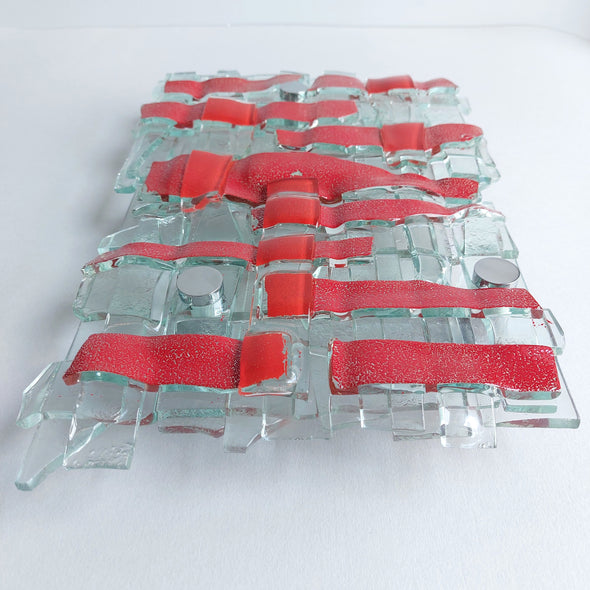 Fused Clear Glass Wall Art Panel With Red. Detailed Glass Wall Panel. Modern Glass Wall Art. Original Glass Art. Artistic Glass Art. Box 17