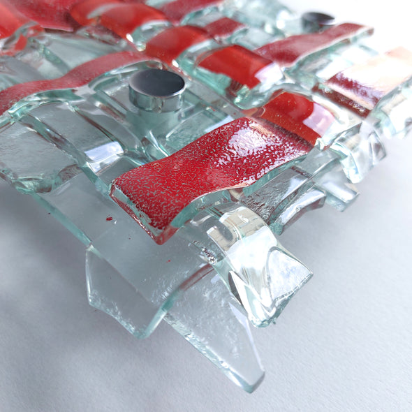 Fused Clear Glass Wall Art Panel With Red. Detailed Glass Wall Panel. Modern Glass Wall Art. Original Glass Art. Artistic Glass Art. Box 17