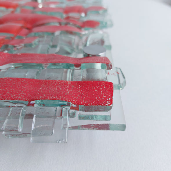 Fused Clear Glass Wall Art Panel With Red. Detailed Glass Wall Panel. Modern Glass Wall Art. Original Glass Art. Artistic Glass Art. Box 17
