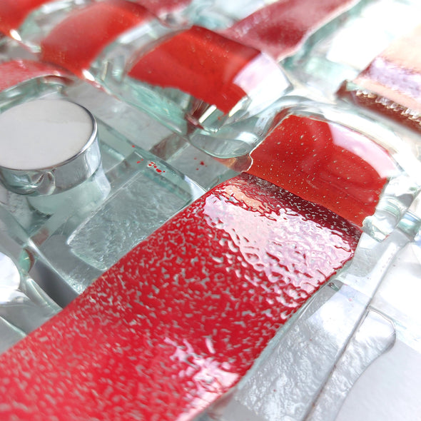 Fused Clear Glass Wall Art Panel With Red. Detailed Glass Wall Panel. Modern Glass Wall Art. Original Glass Art. Artistic Glass Art. Box 17