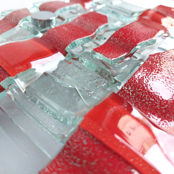 Fused Clear Glass Wall Art Panel With Red. Detailed Glass Wall Panel. Modern Glass Wall Art. Original Glass Art. Artistic Glass Art. Box 17