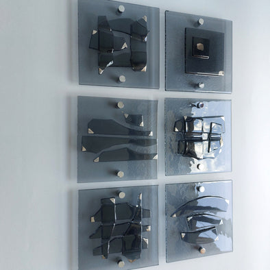 Set of 6 Artistic Grey Fused Glass Wall Art Panels With Platinum. Elements 22