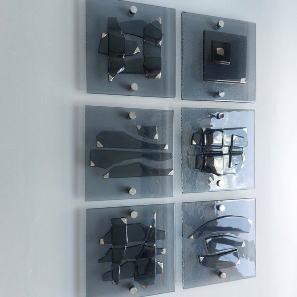 Set of 6 Artistic Grey Fused Glass Wall Art Panels With Platinum. Elements 22
