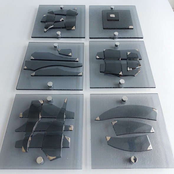 Set of 6 Artistic Grey Fused Glass Wall Art Panels With Platinum. Elements 22
