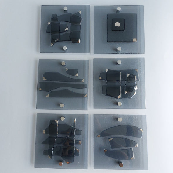 Set of 6 Artistic Grey Fused Glass Wall Art Panels With Platinum. Elements 22