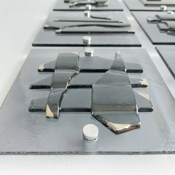 Set of 6 Artistic Grey Fused Glass Wall Art Panels With Platinum. Elements 22
