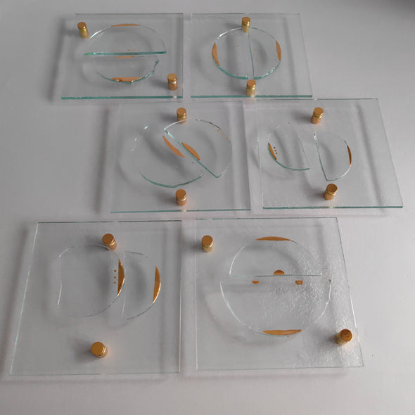 Set of 6 Artistic Fused Glass Wall Art Panels With Gold. Gold Detailed Glass Wall Panels. Modern Wall Art. Original Wall Art. Elements 1