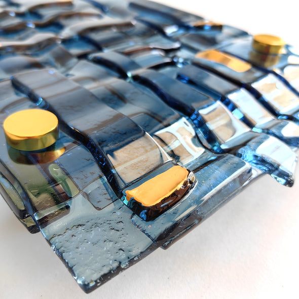 Fused Glass Blue Wall Art Panel With Gold. Detailed Glass Wall Panel. Modern Glass Wall Art. Original Glass Art. Artistic Glass Art. Box 9