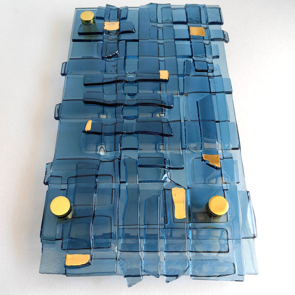 Fused Glass Blue Wall Art Panel With Gold. Detailed Glass Wall Panel. Modern Glass Wall Art. Original Glass Art. Artistic Glass Art. Box 9