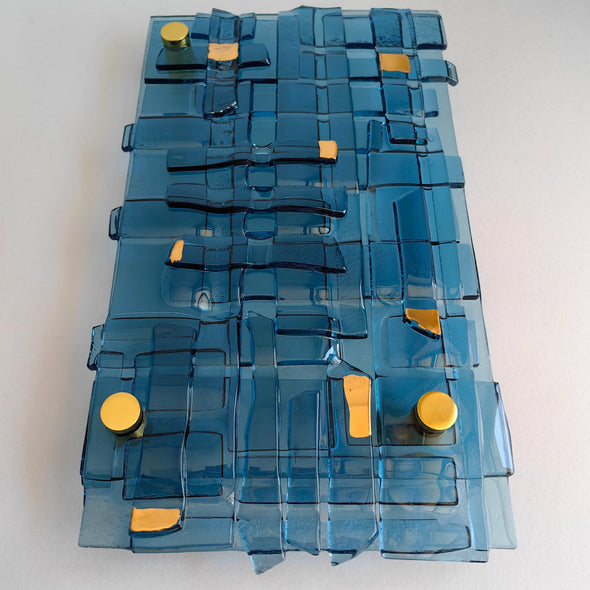 Fused Glass Blue Wall Art Panel With Gold. Detailed Glass Wall Panel. Modern Glass Wall Art. Original Glass Art. Artistic Glass Art. Box 9