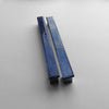 Set of two dark indigo blue fired glass fridge pulls made of long glass sticks attached over a silvery metal base. Slightly textured glass furniture handles with rounded edges.