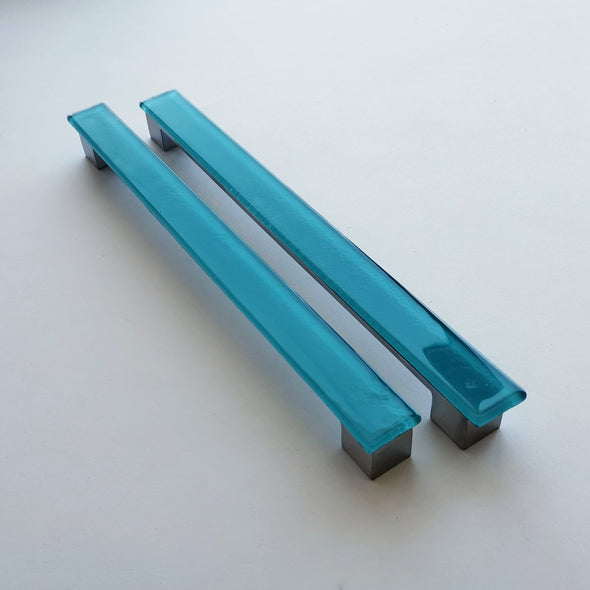 A Set of 2 Large Glass Pulls in Lake Blue. Matte Blue Glass Pull. Blue Fused Glass Cabinet Pull 0048