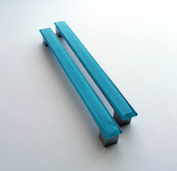 A Set of 2 Large Glass Pulls in Lake Blue. Matte Blue Glass Pull. Blue Fused Glass Cabinet Pull 0048