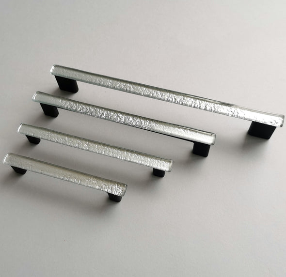 Modern Metallic Silver Fused Glass Pull. Metallic Silver Glass Pull. Silver Fused Glass Cabinet Handle - 0012