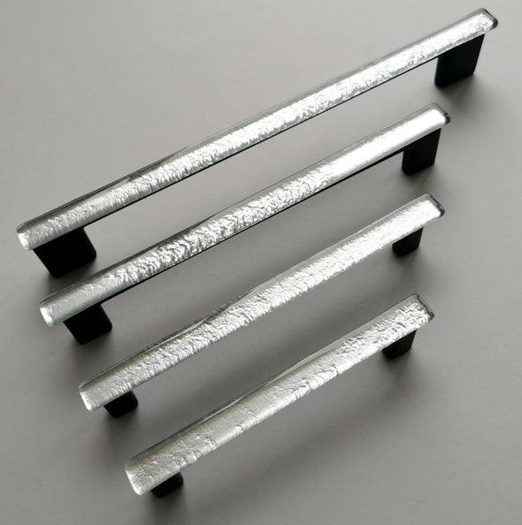 Modern Metallic Silver Fused Glass Pull. Metallic Silver Glass Pull. Silver Fused Glass Cabinet Handle - 0012