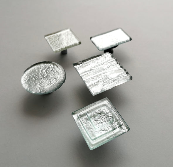 Modern Metallic Silver Fused Glass Knob. Metallic Silver Glass Knob. Silver Fused Glass Cabinet Handle - 0012