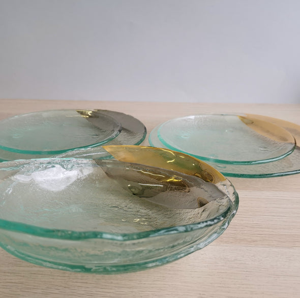 Set of 2 Transparent Fused Glass Dessert / Main Course / Pasta Plates With Gold / Platinum. Vanilla Collection