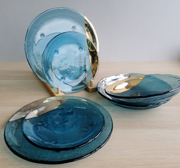 Set of 2 Sky Blue Fused Glass Dessert / Main Course / Pasta Plates With Gold / Platinum. Vanilla Collection