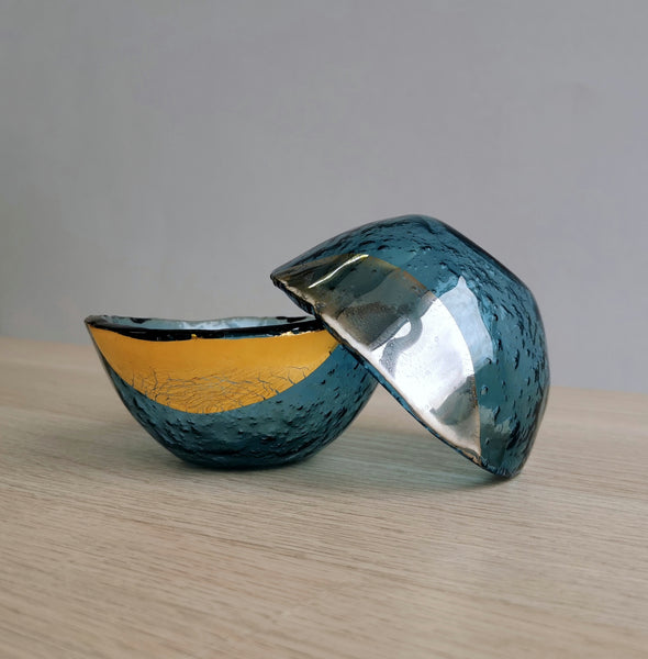 Set of Two Sky Blue Fused Glass Deep Sauce Bowls With Gold / Platinum. Dipping Sauce / Nuts Bowls. Vanilla Collection