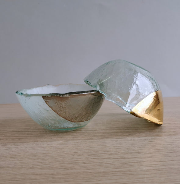 Set of Two Transparent Fused Glass Deep Sauce Bowls With Gold / Platinum. Dipping Sauce / Nuts Bowls. Vanilla Collection