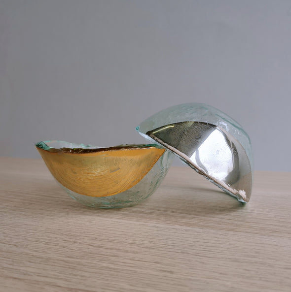 Set of Two Transparent Fused Glass Deep Sauce Bowls With Gold / Platinum. Dipping Sauce / Nuts Bowls. Vanilla Collection