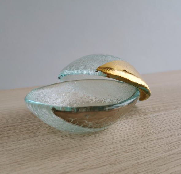 Set of Two Transparent Fused Glass Small Bowls - Gold/Platinum. Minimalist Glass Tableware Vanilla Collection