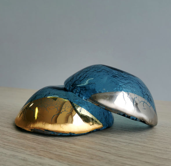 Set of Two Sky Blue Fused Glass Small Bowls - Gold/Platinum. Minimalist Glass Tableware Vanilla Collection