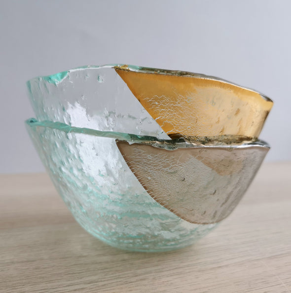 Set of Two Transparent Fused Glass Small Ice-Cream Bowls With Gold / Platinum. Dessert Minimalist Glass Tableware. Vanilla Collection