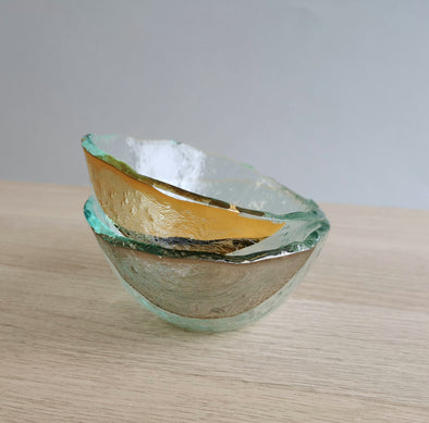 Set of Two Transparent Fused Glass Small Ice-Cream Bowls With Gold / Platinum. Dessert Minimalist Glass Tableware. Vanilla Collection