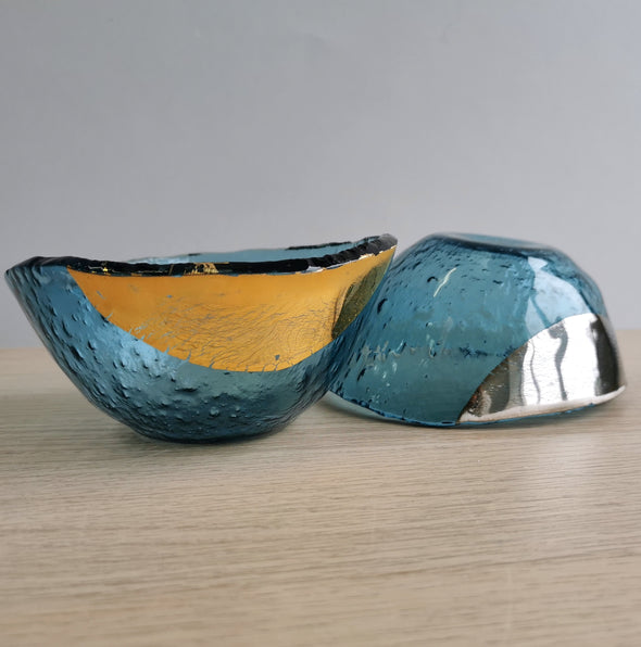 Set of Two Sky Blue Fused Glass Small Ice-Cream Bowls With Gold / Platinum. Dessert Minimalist Glass Tableware. Vanilla Collection