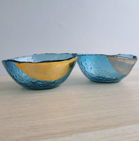 Set of Two Sky Blue Fused Glass Cereal Bowls With Gold / Platinum. Cereal / Soup Glass Bowls. Minimalist Glass Tableware. Vanilla Collection