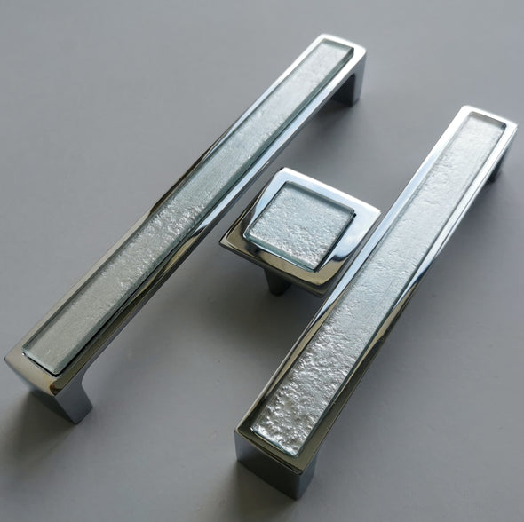 Pop-up Modern Silver Fused Glass Pull/Knob. Metallic Silver Glass Handle - 0012
