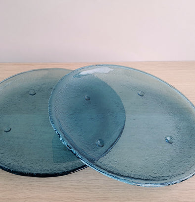 Set of 2 Sky Blue Fused Glass Platters. Set of 2 Extra Large Glass Plates. Minimalist Glass Platter