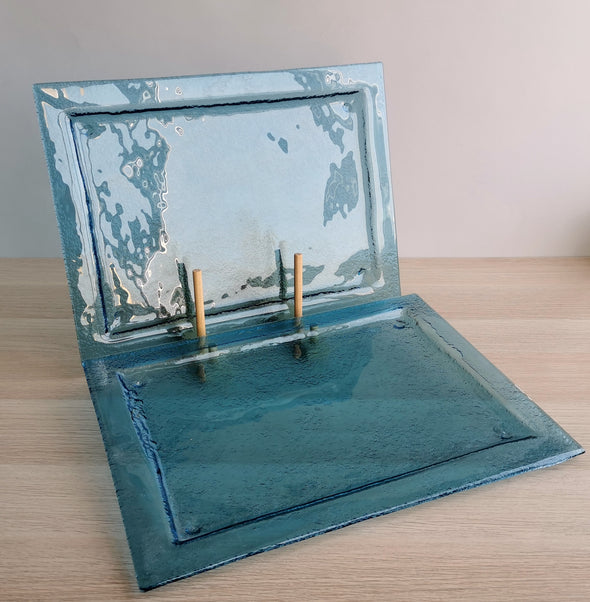 Set of 2 Sky Blue Fused Glass Platters. Rectangular Glass Platters. Large Plates Set
