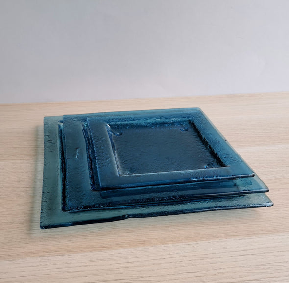 Set of 2 Sky Blue Fused Glass Dessert / Salad / Main Course Plates. Set of 2 Blue Glass Plates