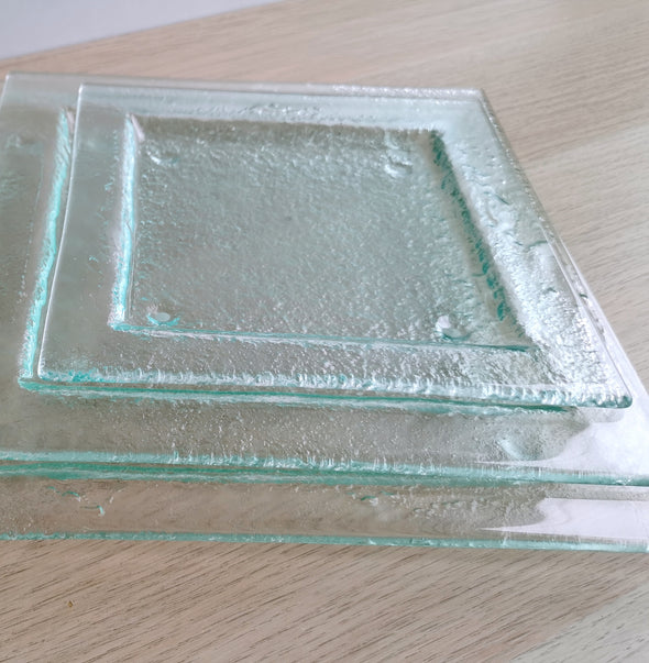 Set of 2 Transparent Fused Glass Dessert / Salad / Main Course Plates. Set of 2 Clear Glass Plates