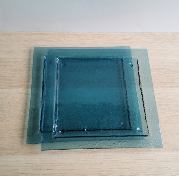 Set of 2 Sky Blue Fused Glass Platters. Square Glass Platters. Set of 2 Large Blue Plates
