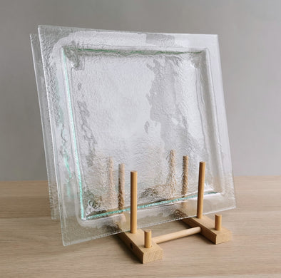 Set of 2 Transparent Fused Glass Platters. Square Glass Platters. Set of 2 Clear Large Plates