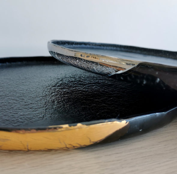 Set of 2 Black Fused Glass Platters With Gold And Platinum Details. Minimalist Platters. Custom Glass Dinnerware