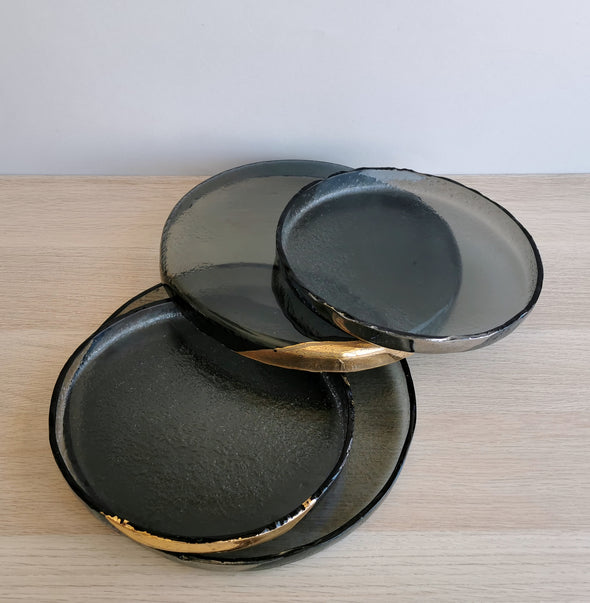 Set of 2 Grey Fused Glass Dessert / Main Course Round Plates With Gold And Platinum Details