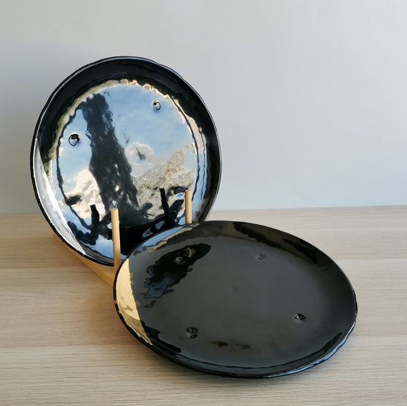 Set of 2 Black Fused Glass Platters With Gold / Platinum Details. Custom Glass Dinnerware