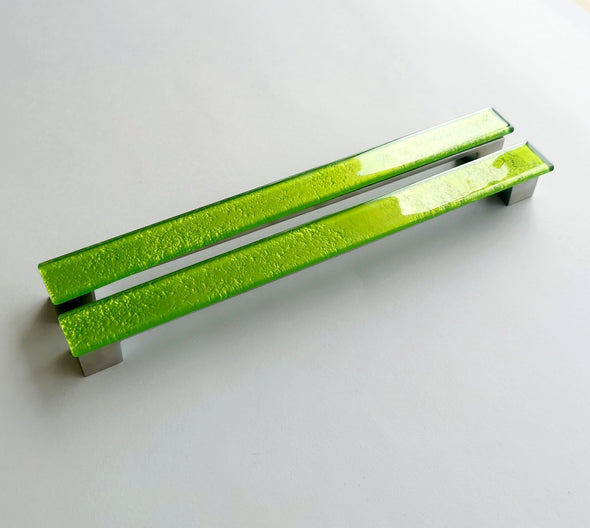 A Set of 2 Large Glass Pulls in Modern Apple Green. Long Fresh Green Glass Pull - 0038