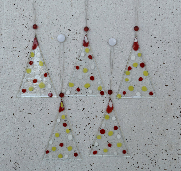 Fused Glass Christmas Tree Set. White, Green, Red Christmas Tree Decorations