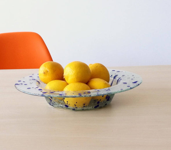 Modern Minimalist Fused Glass Fruit Bowl. Blue Accents Centerpiece Fruit-Bowl