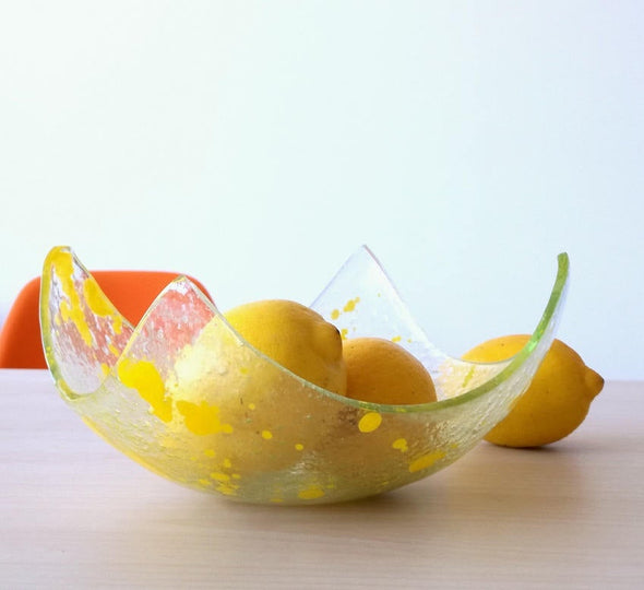 Modern Fused Glass Fruit Bowl. Sunny Yellow Accents Glass Fruit-Bowl M