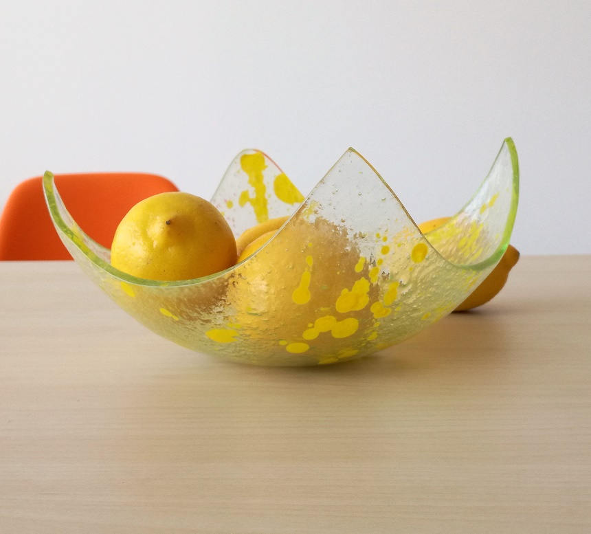 Modern Fused Glass Fruit Bowl. Sunny Yellow Accents Glass Fruit