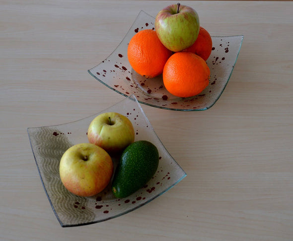 Set of 2 Modern Fused Glass Fruit Bowls. Minimalist Fused Glass Centerpiece Fruit Bowls L&M